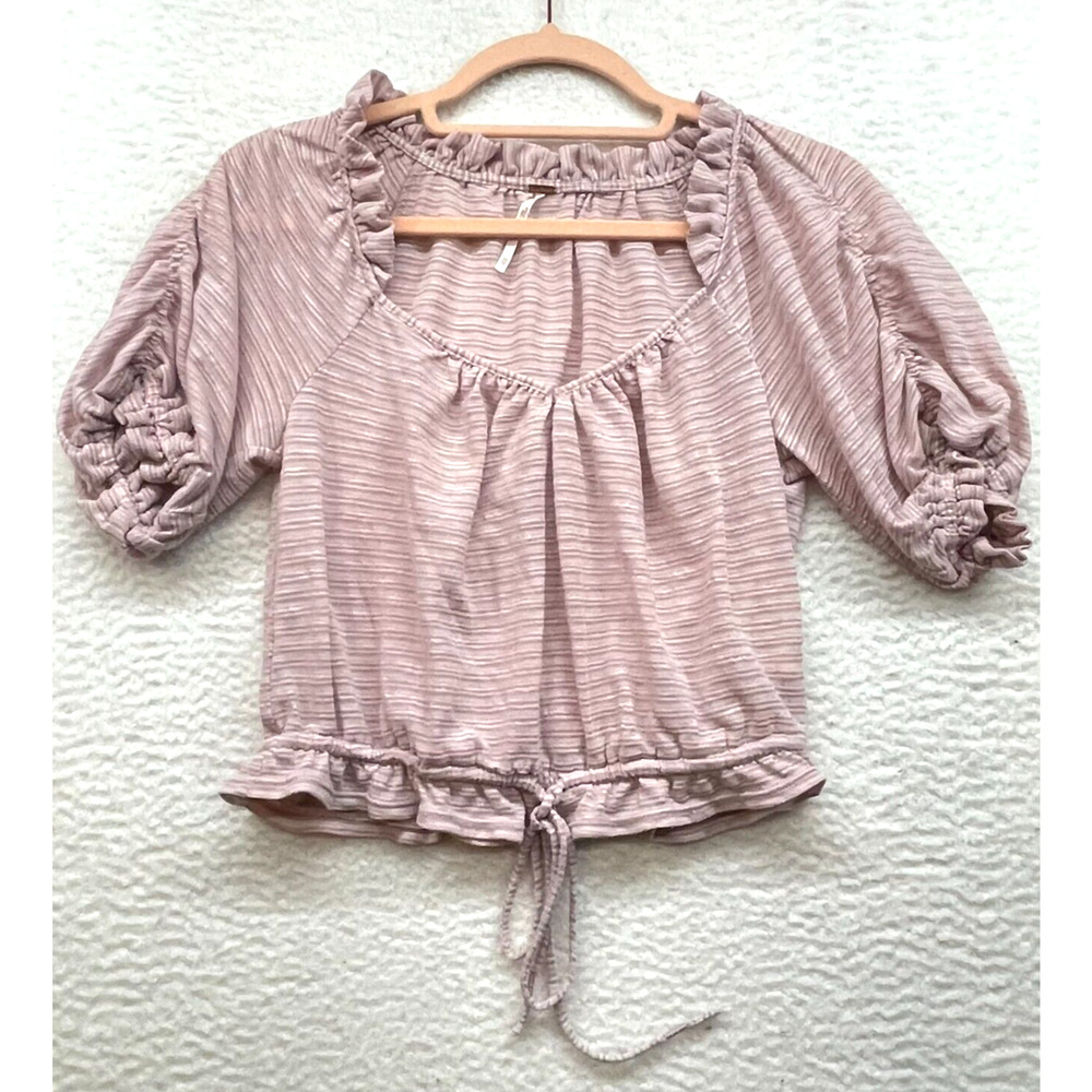 Free People Shirt Womens Extra Small Pink Striped Dorothy Puff Ruffle Crop Boho